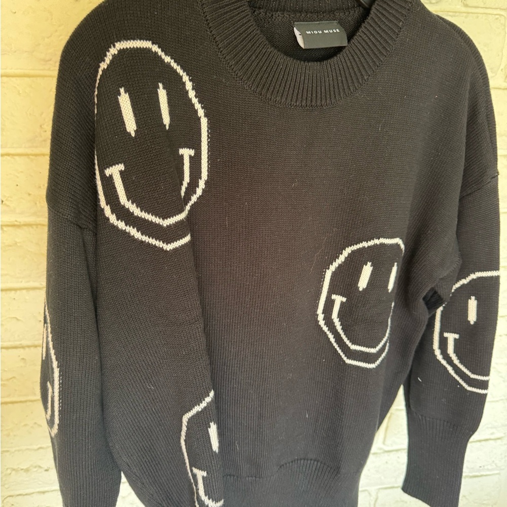 Miou Muse  Black Crewneck Sweater with Smiley Faces